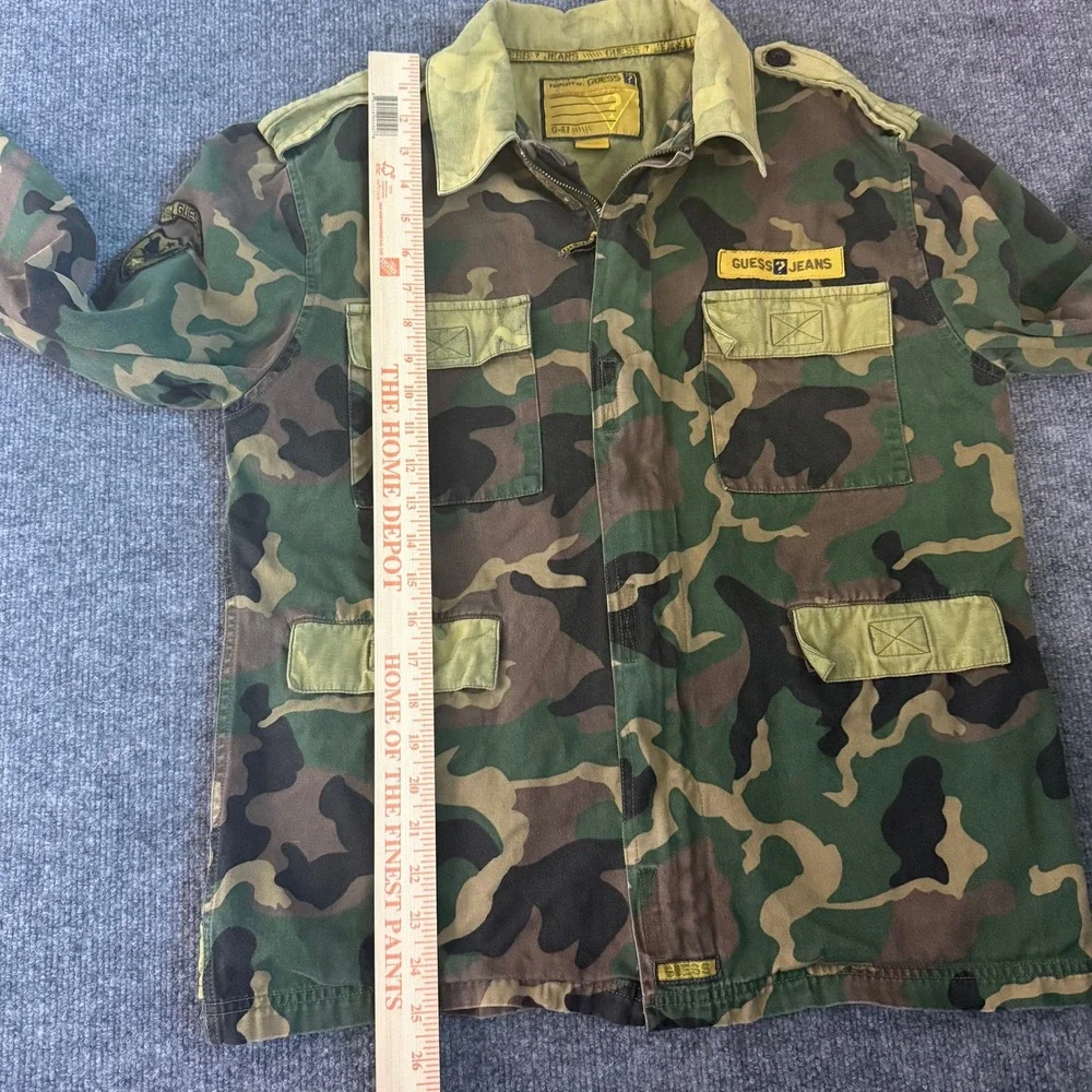 Vtg Guess Jeans Camouflage Military Jacket Women's Patches Green Brown Zipper - Picture 8 of 8